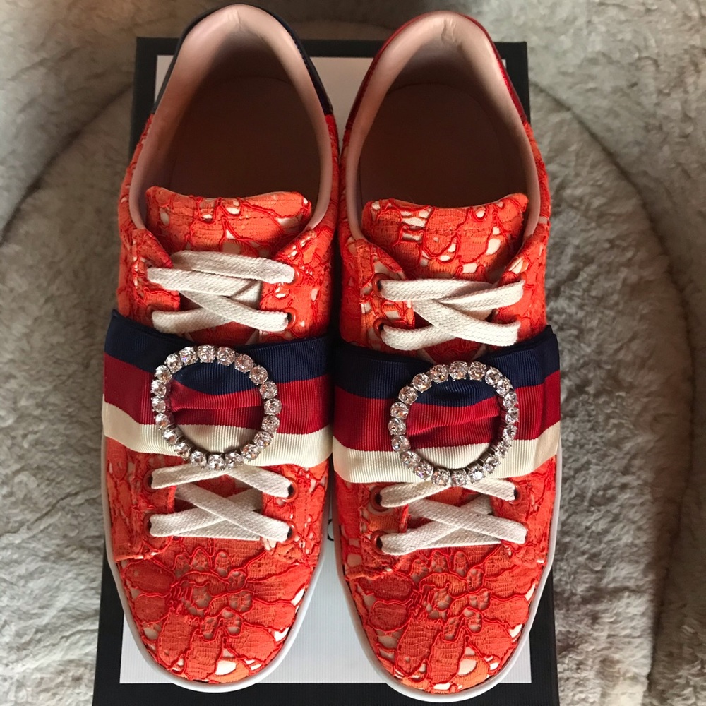 GUCCI Ace Lace Crystal Orange Sneakers, US 9 / IT 39